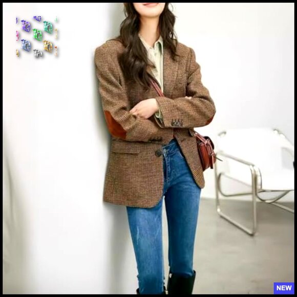 Wool Blend Blazer Classic Plaid Business Casual Work Coat Elegant Retro - Picture 7 of 7